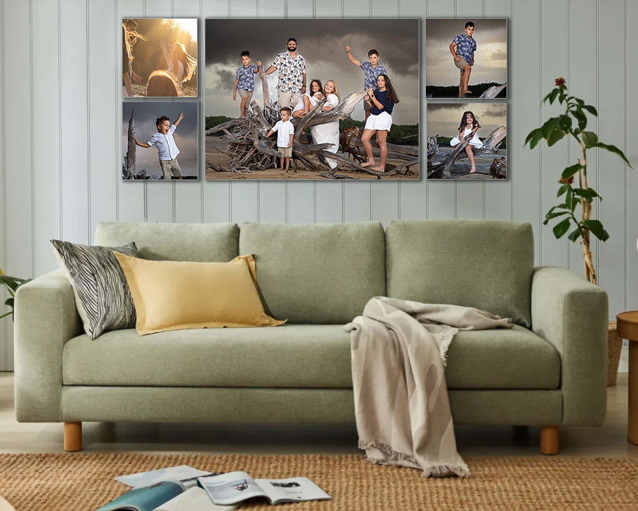 Wall art of a family collage in a room
